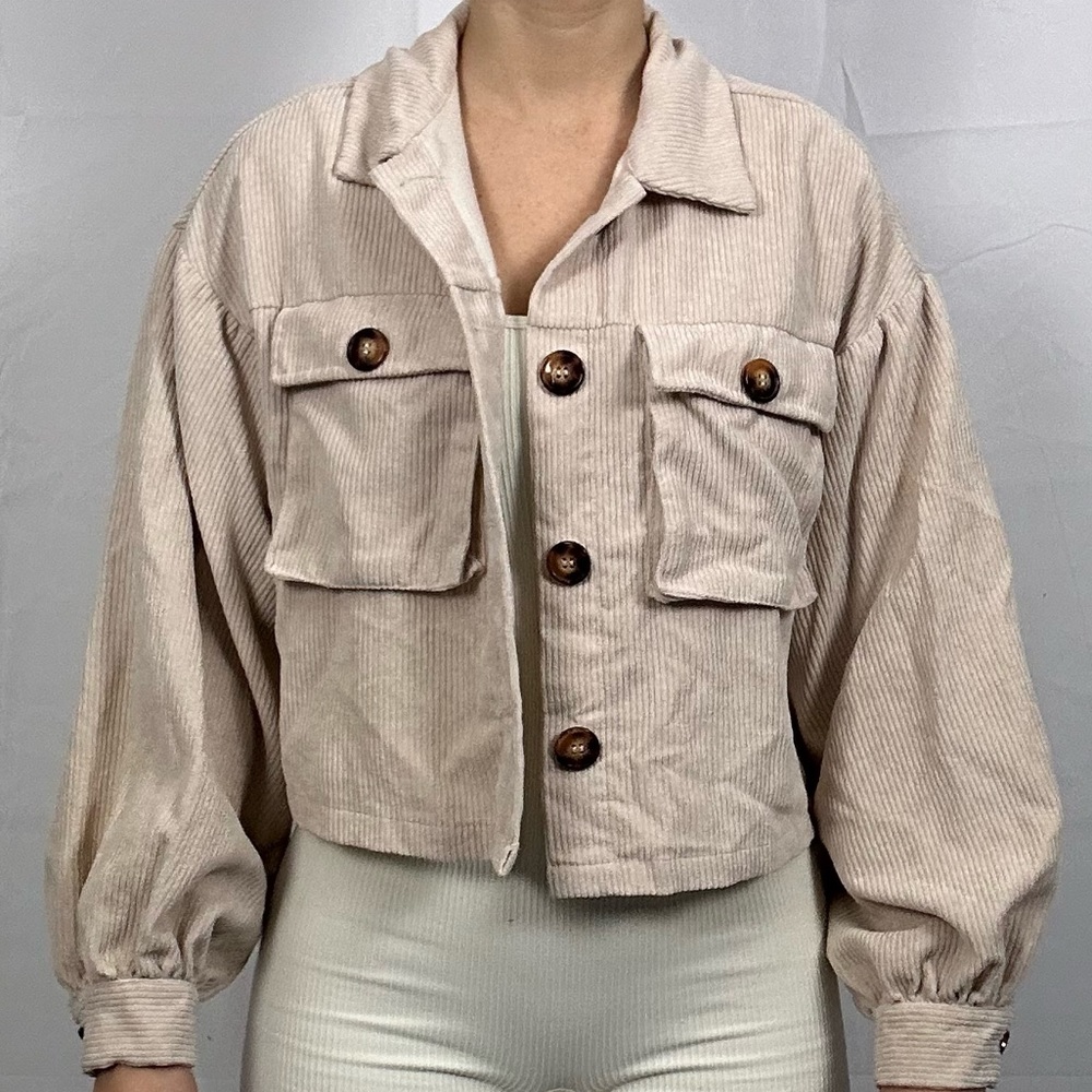 SHEIN pinkish tan cropped textured button jacket